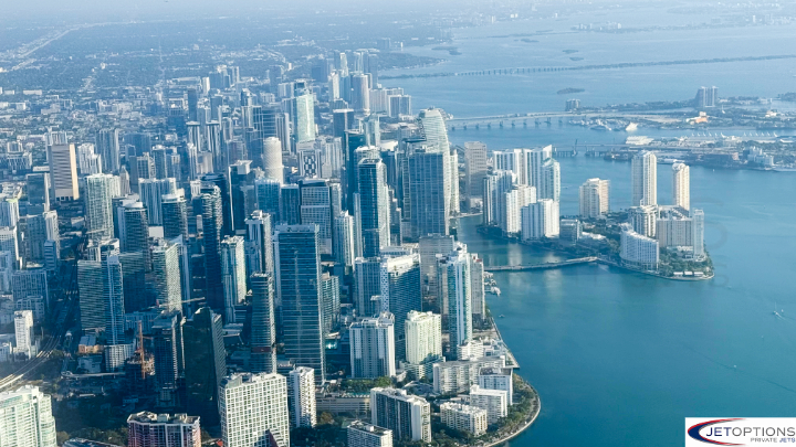 Private jet rental aerial view Downtown Miami JetOptions Private Jets