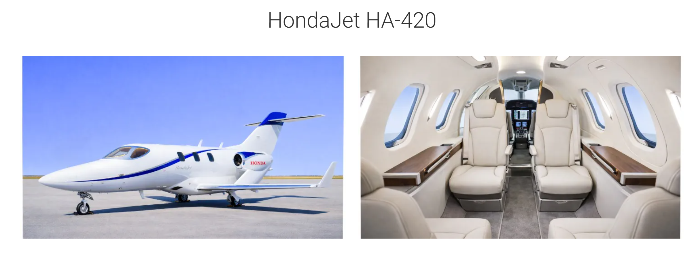 HondaJet 420A private jet charters interior and exterior views