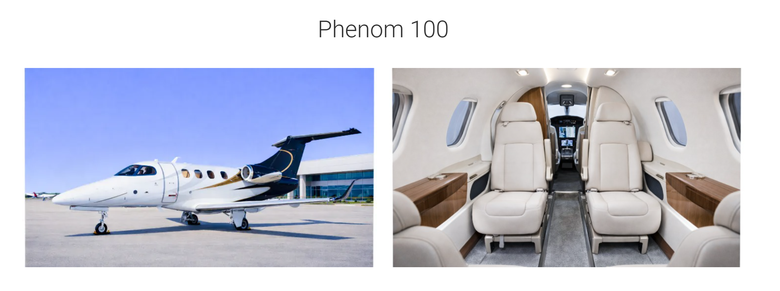 Phenom 100 very light jet charter interior and exterior views