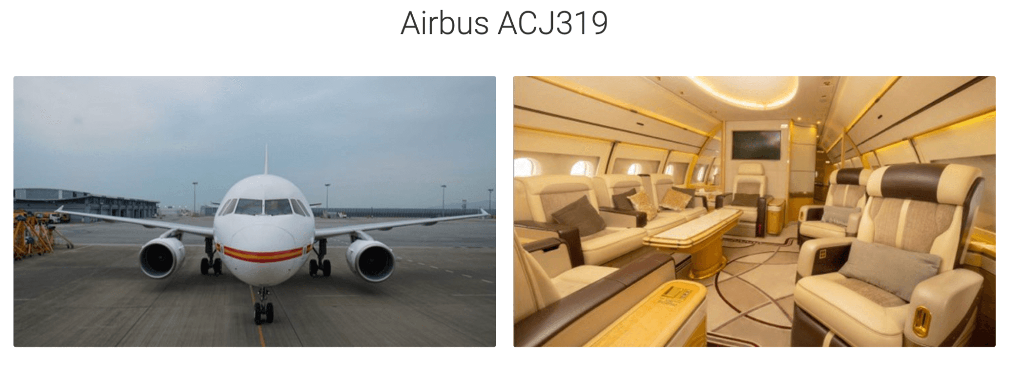 An exterior and interior picture of the business jet Airbus ACJ319.