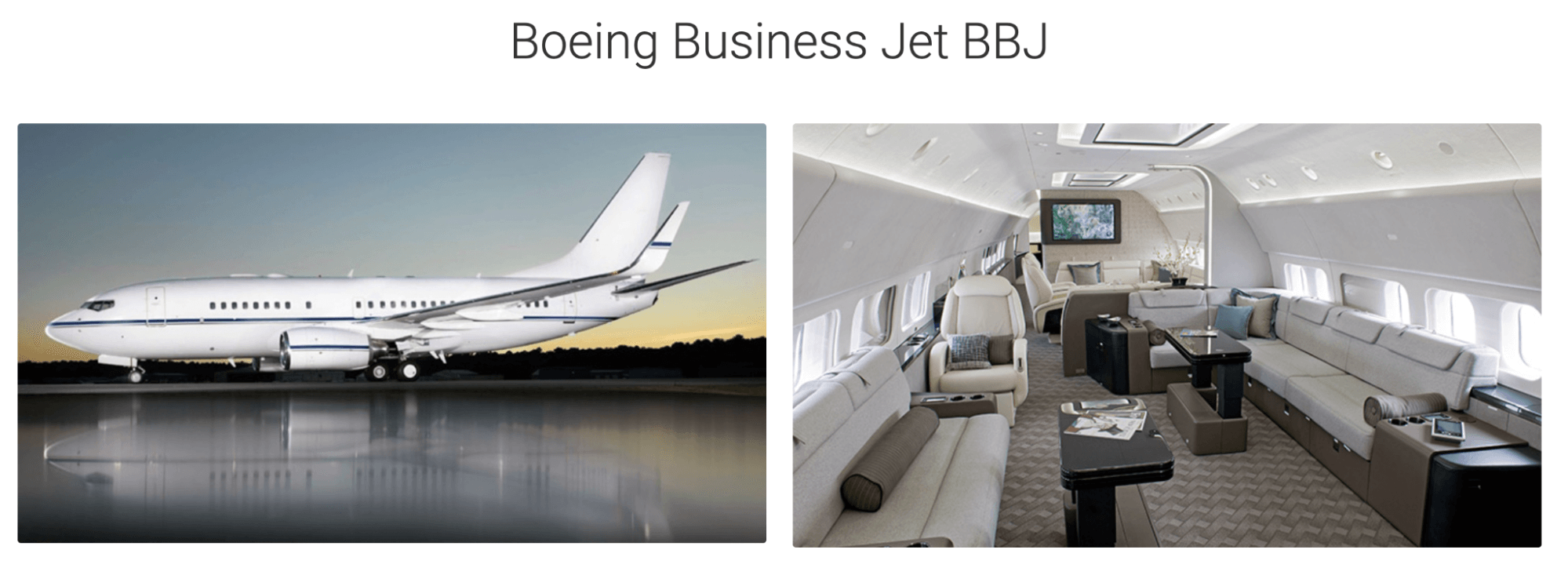 An exterior and interior picture of the corporate jet Boeing Business Jet BBJ.