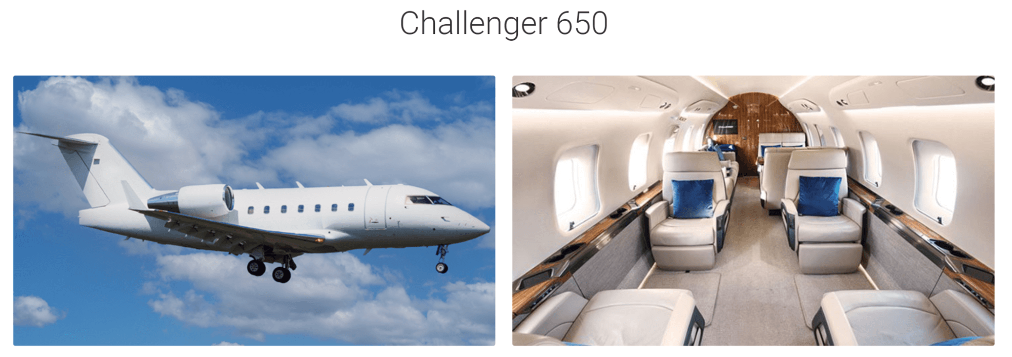 An exterior and interior picture of the business jet Challenger 650.