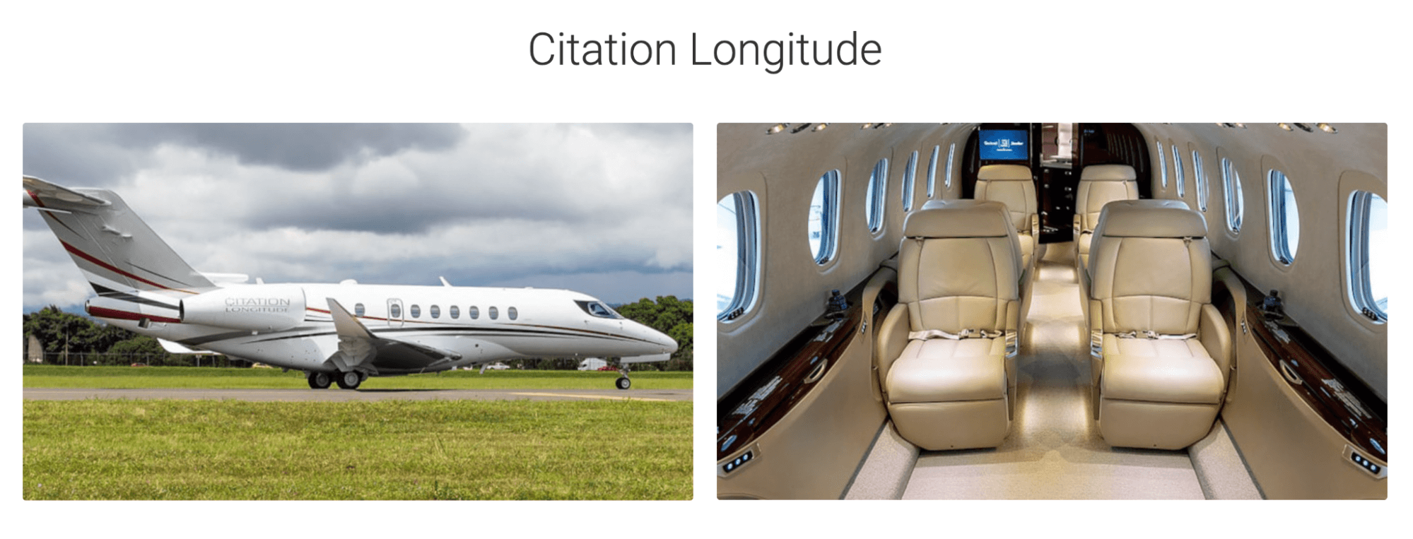 An exterior and interior picture of the corporate jet Citation Longitude.