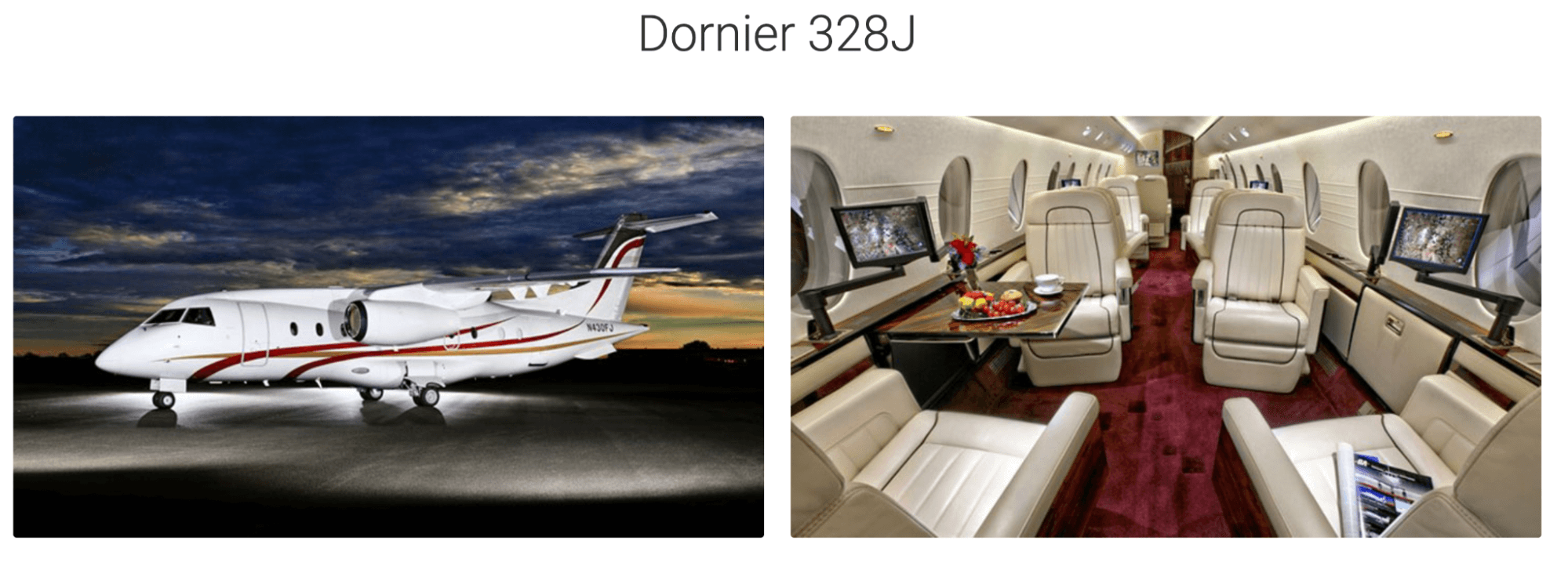An exterior and interior picture of the business jet Dornier 328J.
