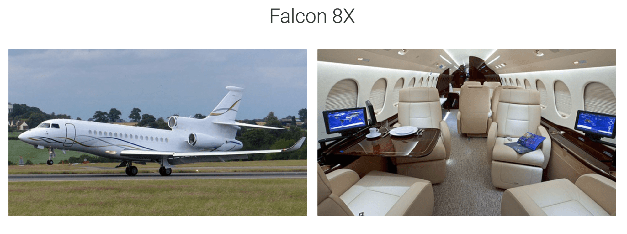 An exterior and interior picture of the business jet Falcon 8X.