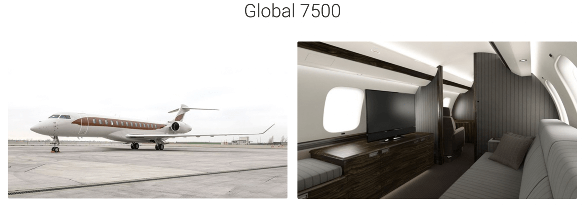 An exterior and interior picture of the business jet Global 7500.