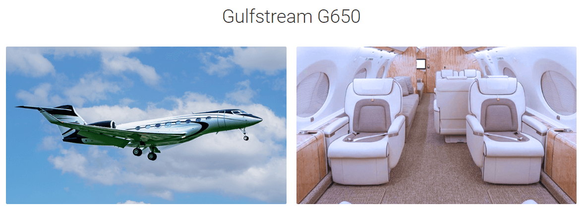 An exterior and interior picture of the corporate jet Gulfstream G650/G650ER.