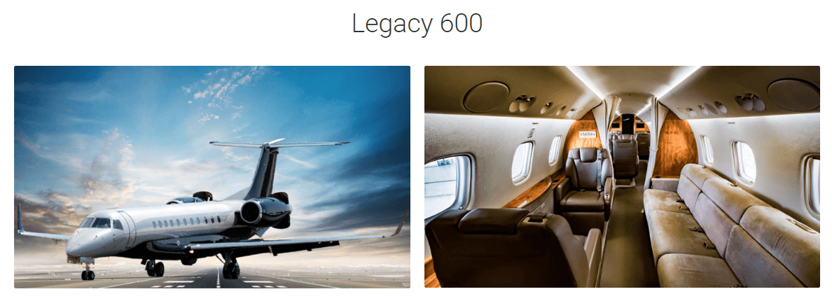 An exterior and interior picture of the business jet legacy 600.