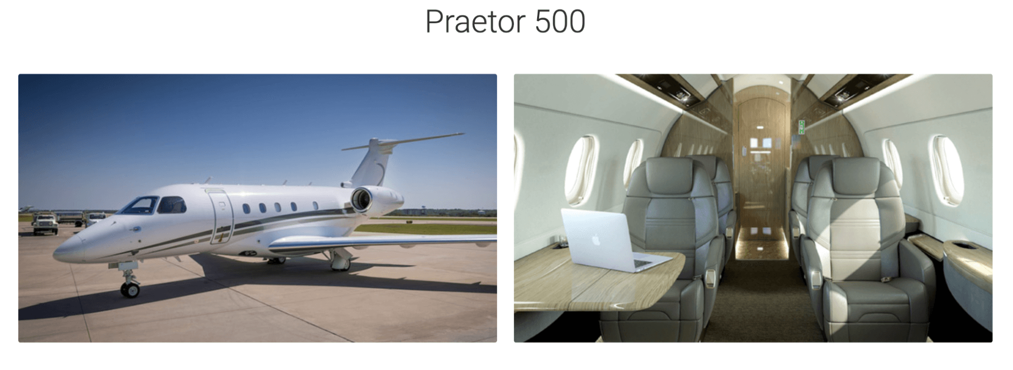 An exterior and interior picture of the corporate jet Praetor 500.