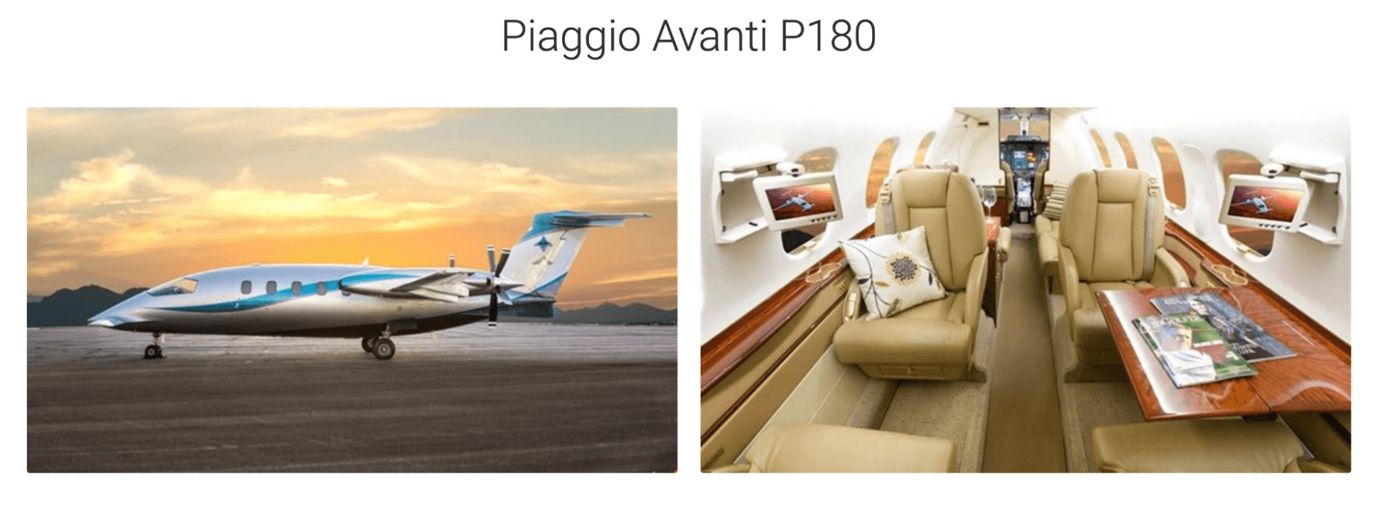 An exterior and interior picture of the turboprop jet Piaggio Avanti P180.