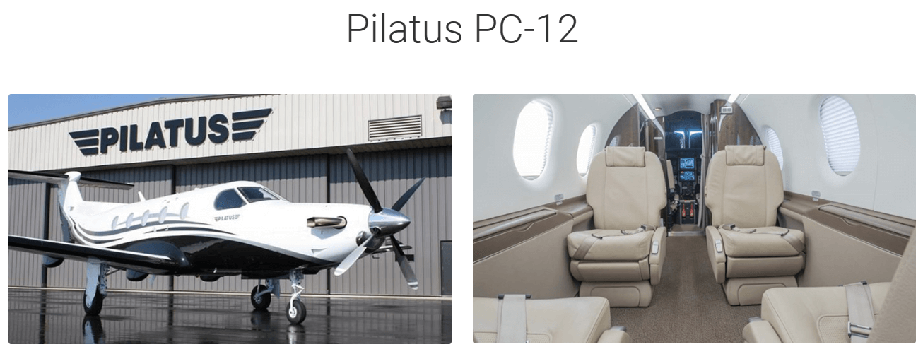 An exterior and interior picture of the turboprop jet Pilatus PC-12.