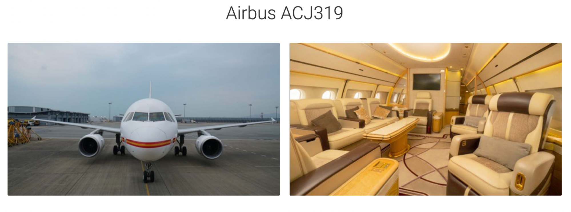 An image showing the exterior and interior of the VIP airliner Airbus ACJ319.