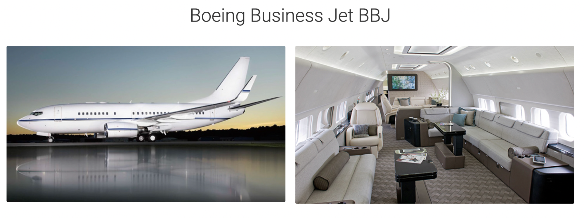 An image showing the exterior and interior of the VIP airliner Boeing Business Jet BBJ.