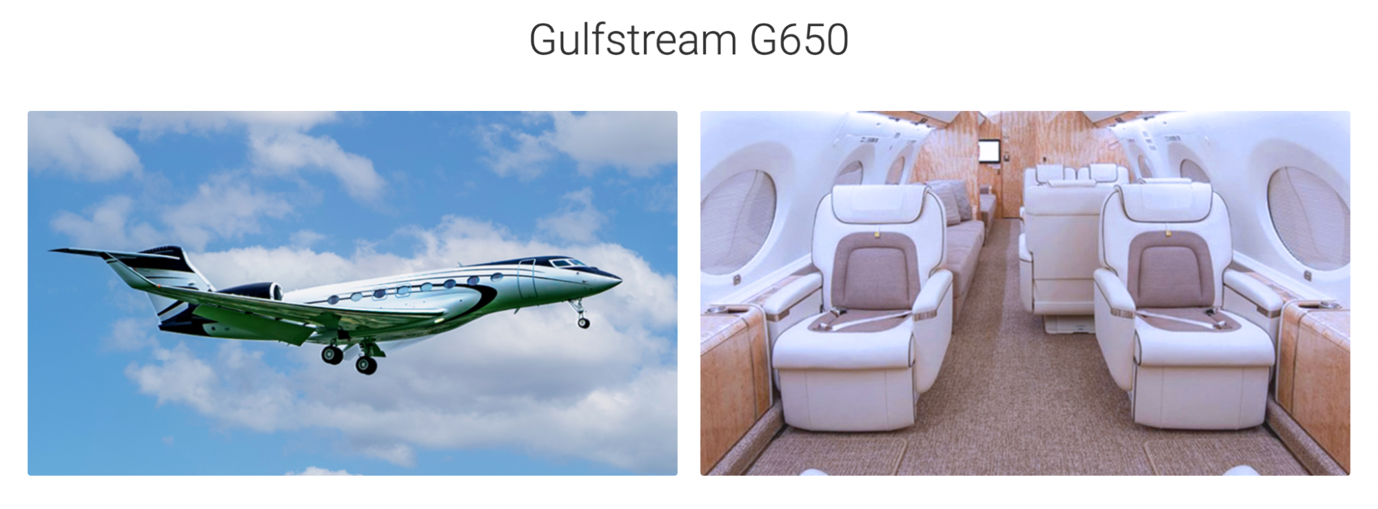 An image showing the exterior and interior of the VIP airliner Gulfstream G650.