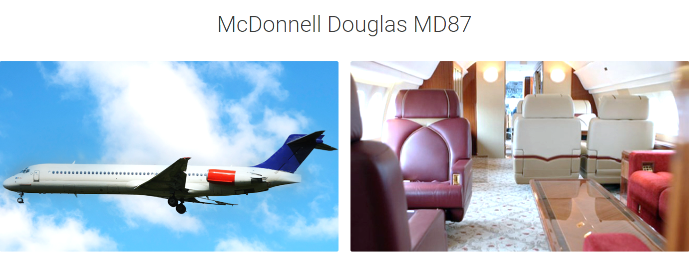 An image showing the exterior and interior of the VIP airliner McDonnell Douglas MD87.