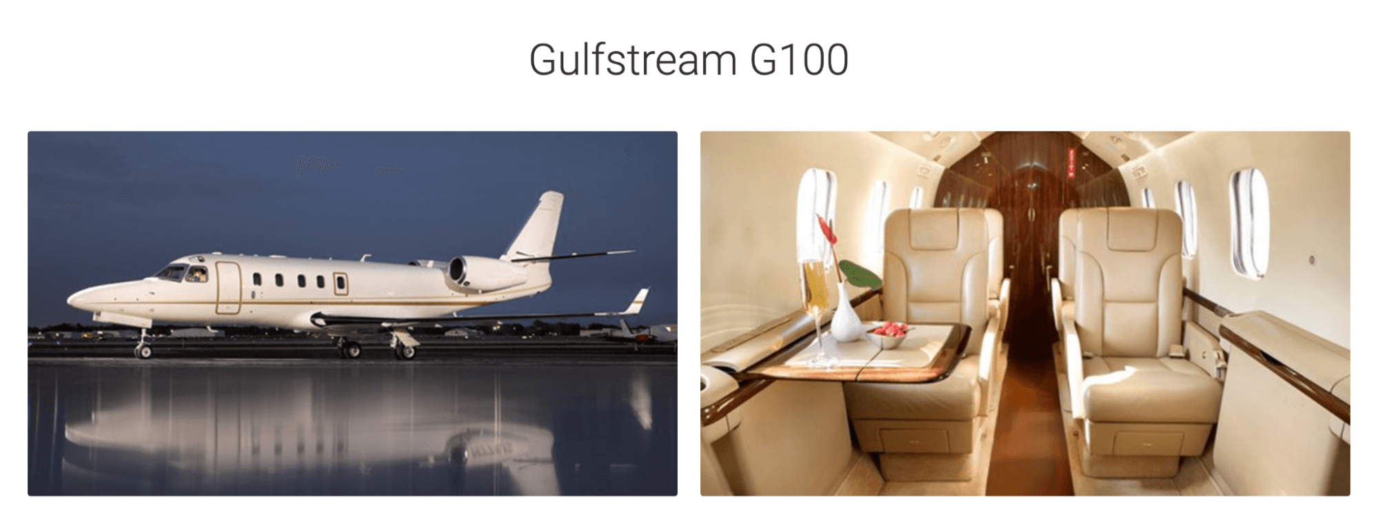 The picture shows the interior and exterior of Gulfstream G100 jets available from JetOptions.