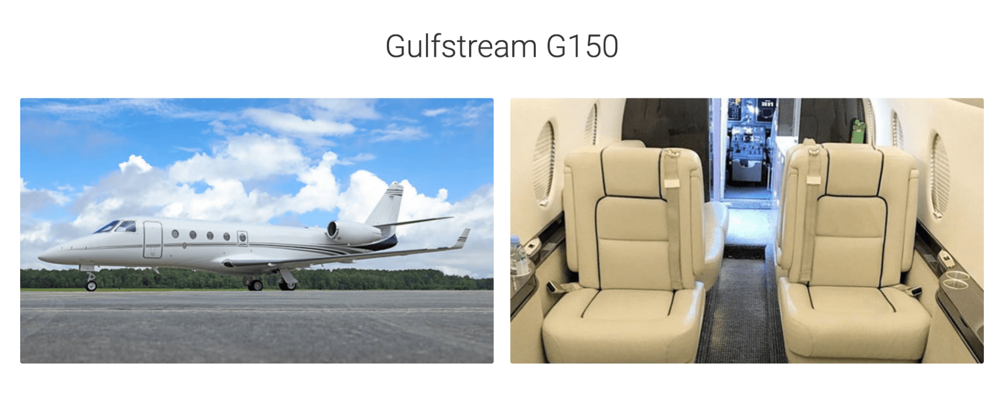 The picture shows the interior and exterior of Gulfstream G150 jets available from JetOptions.