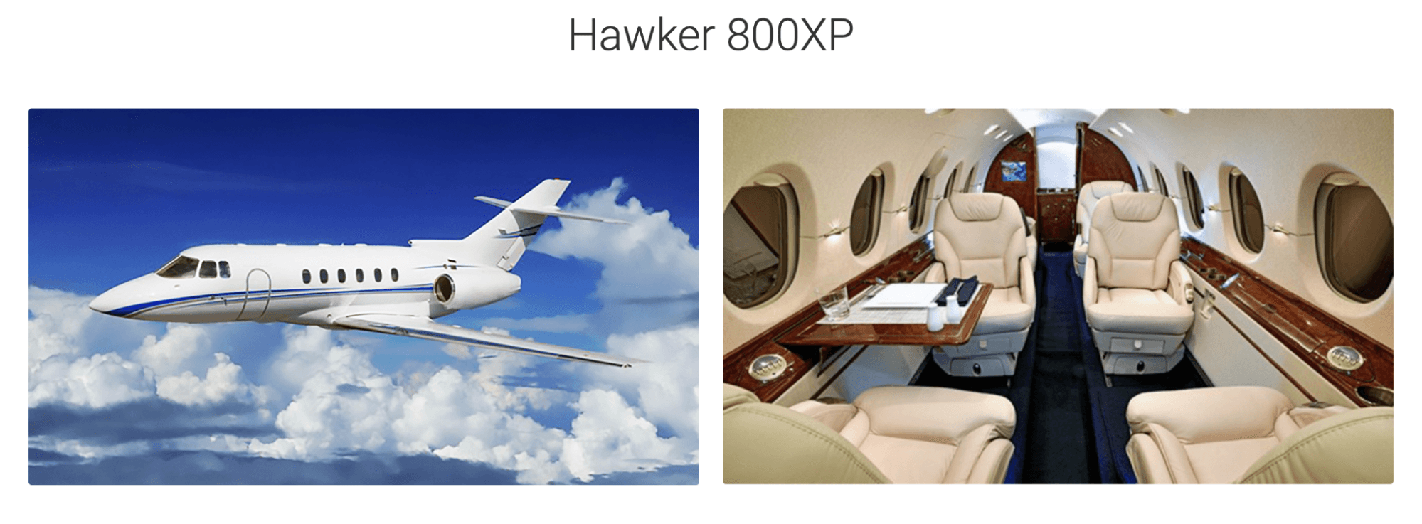 The picture shows the interior and exterior of Hawker 800XP jets available from JetOptions.