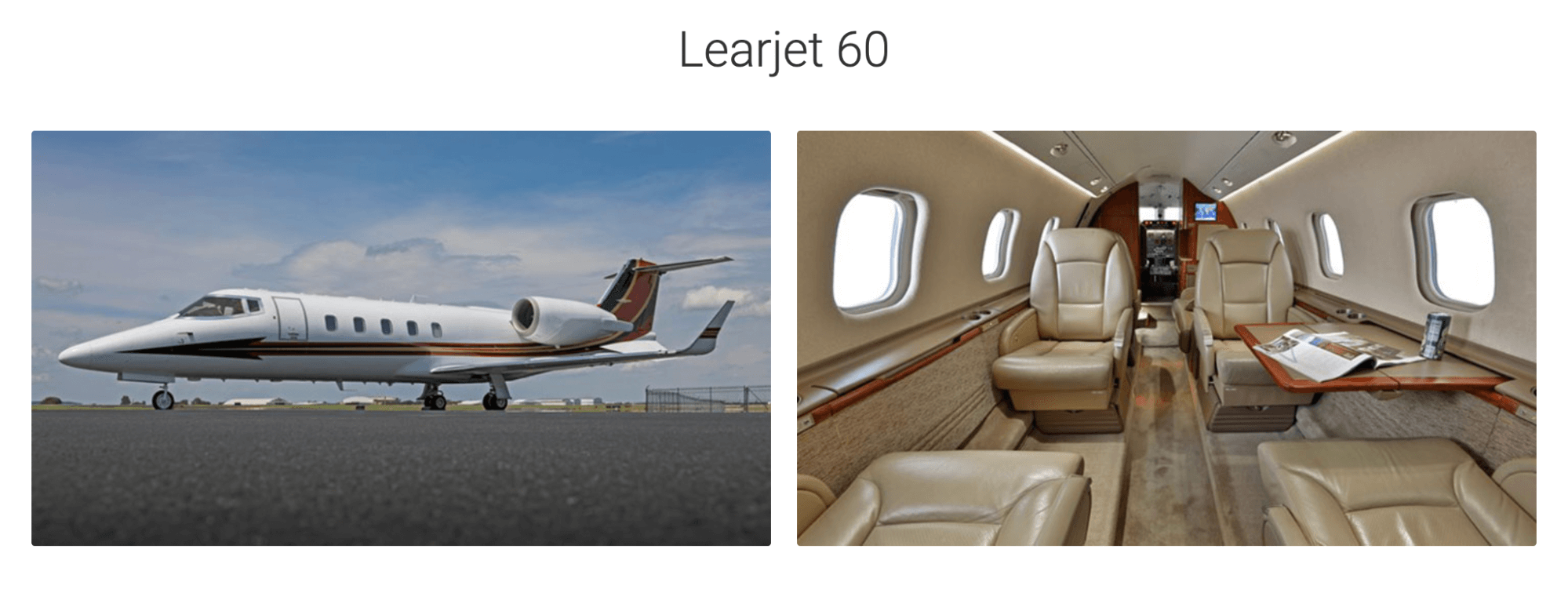 The picture shows the interior and exterior of Learjet 60 jets available from JetOptions.
