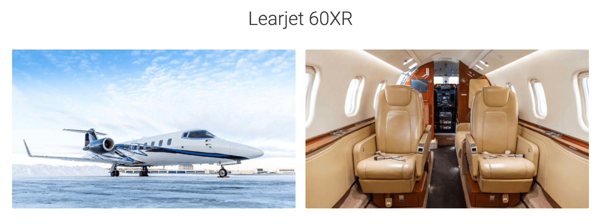 The picture shows the interior and exterior of Learjet 60XR jets available from JetOptions.