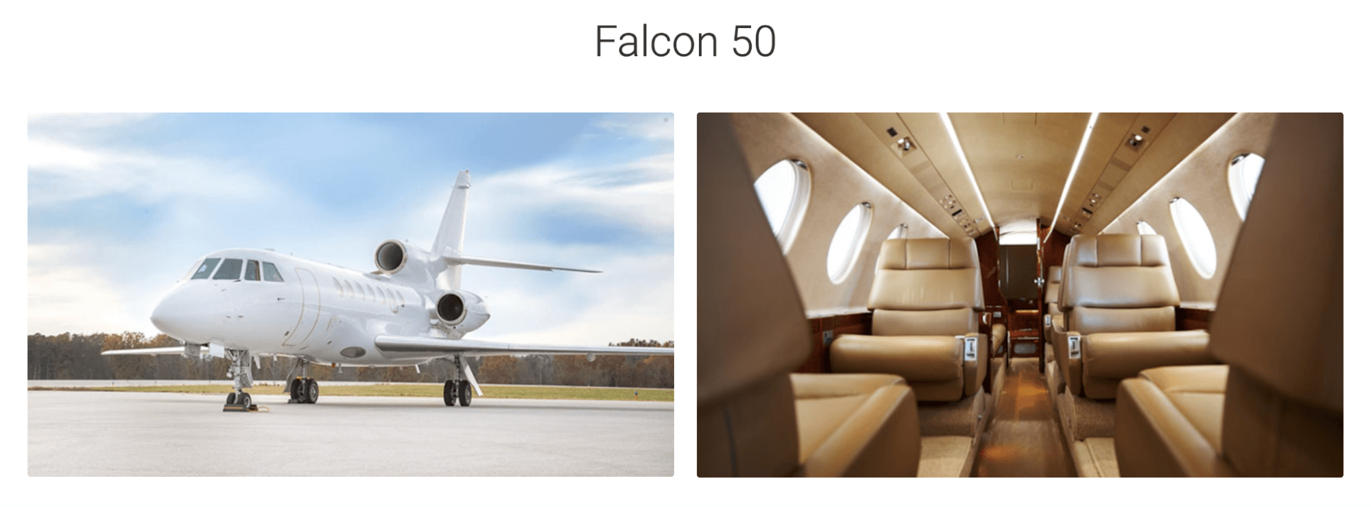 The picture shows the interior and exterior of Falcon 50 jets available from JetOptions.