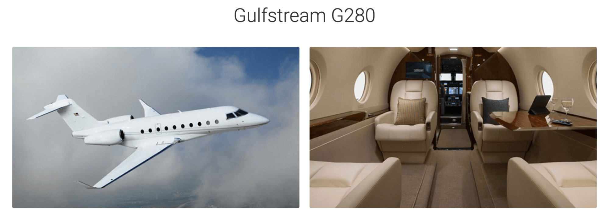 The picture shows the interior and exterior of Gulfstream G280 jets available from JetOptions.
