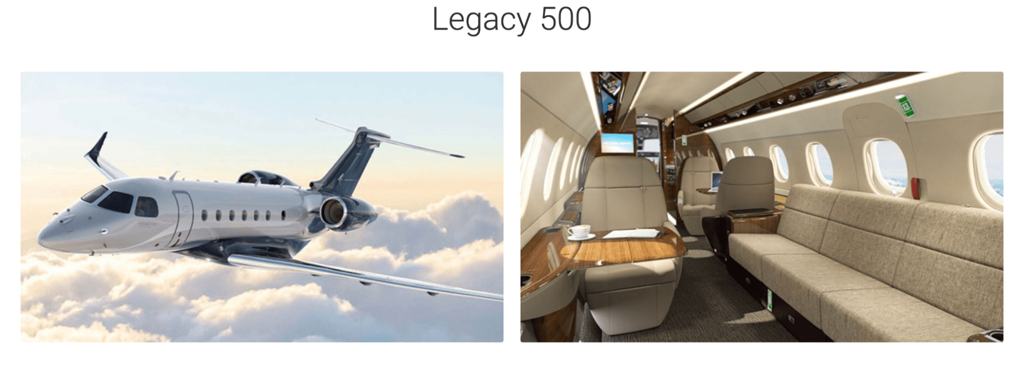 The picture shows the interior and exterior of Legacy 500 jets available from JetOptions.