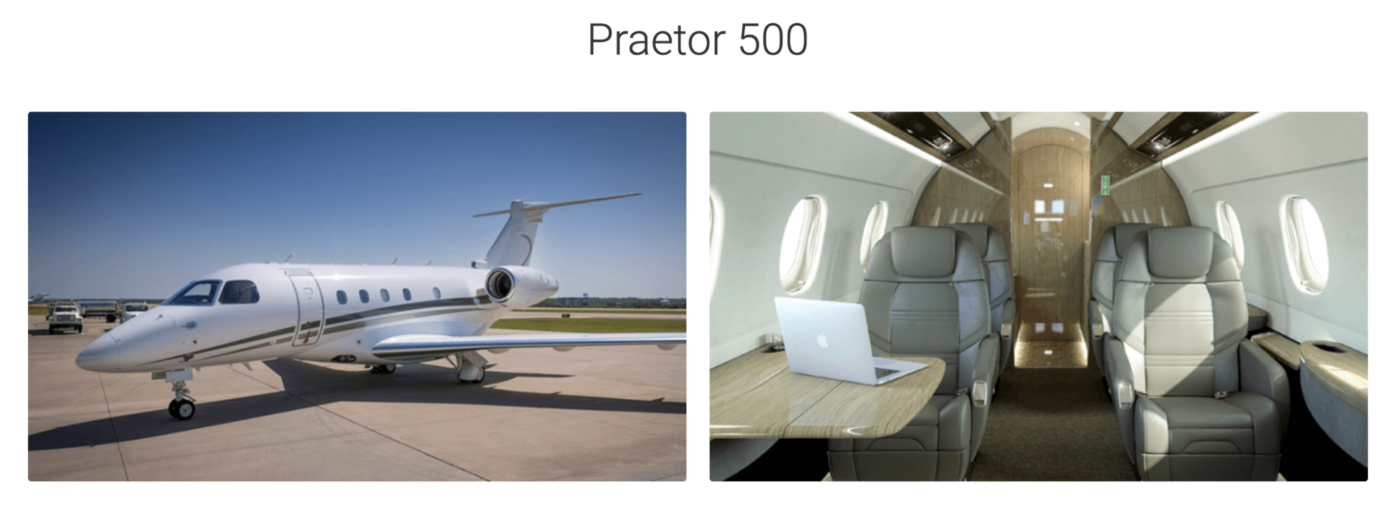 The picture shows the interior and exterior of Praetor 500 jets available from JetOptions.