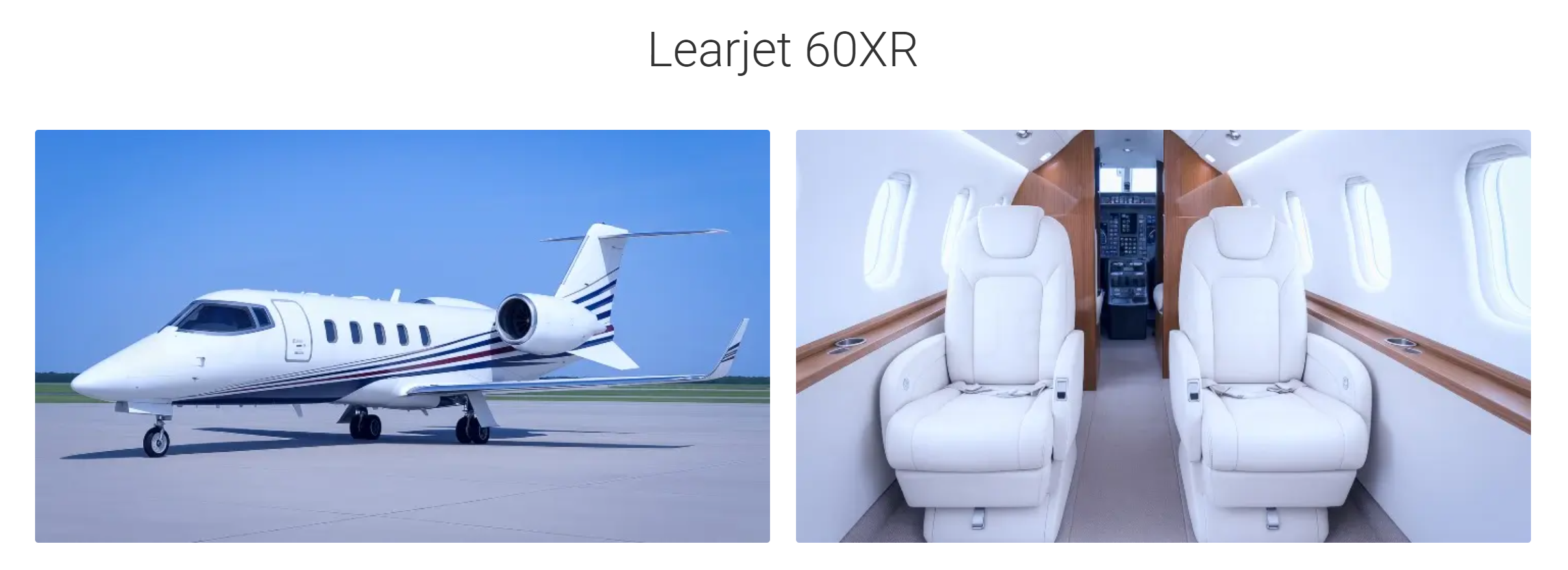 The picture shows the interior and exterior of Learjet 60XR jets available from JetOptions.