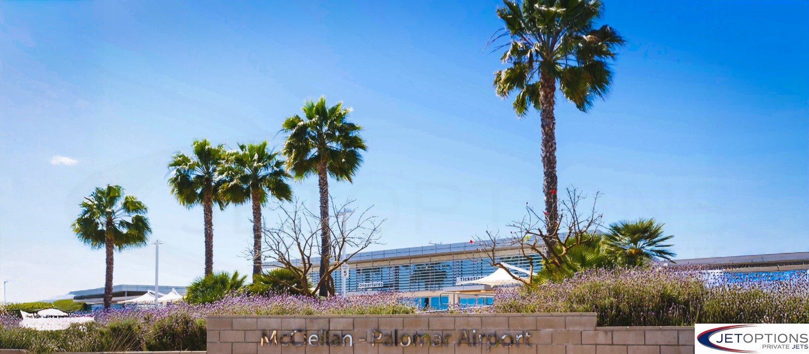 Entrance and terminal at McClellan-Palomar Airport (CRQ) in Carlsbad, California