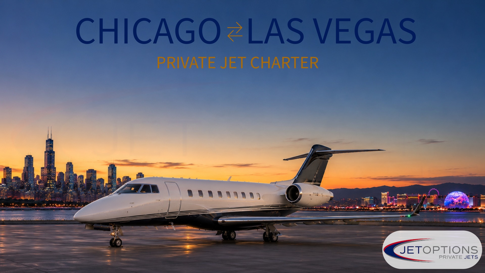 Private jet on the ramp at dusk with the Chicago skyline on the left and the Las Vegas Strip on the right, chartered by JetOptions Private Jets